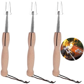 Pack of 3 Wooden Handles, Long Campfire, Barbecue Fork Skewers, Extendable, Stainless Steel Wooden Handle, Long Campfire Telescope, Retractable Robust Wooden Handle, for Barbecue, Campfire and Camping