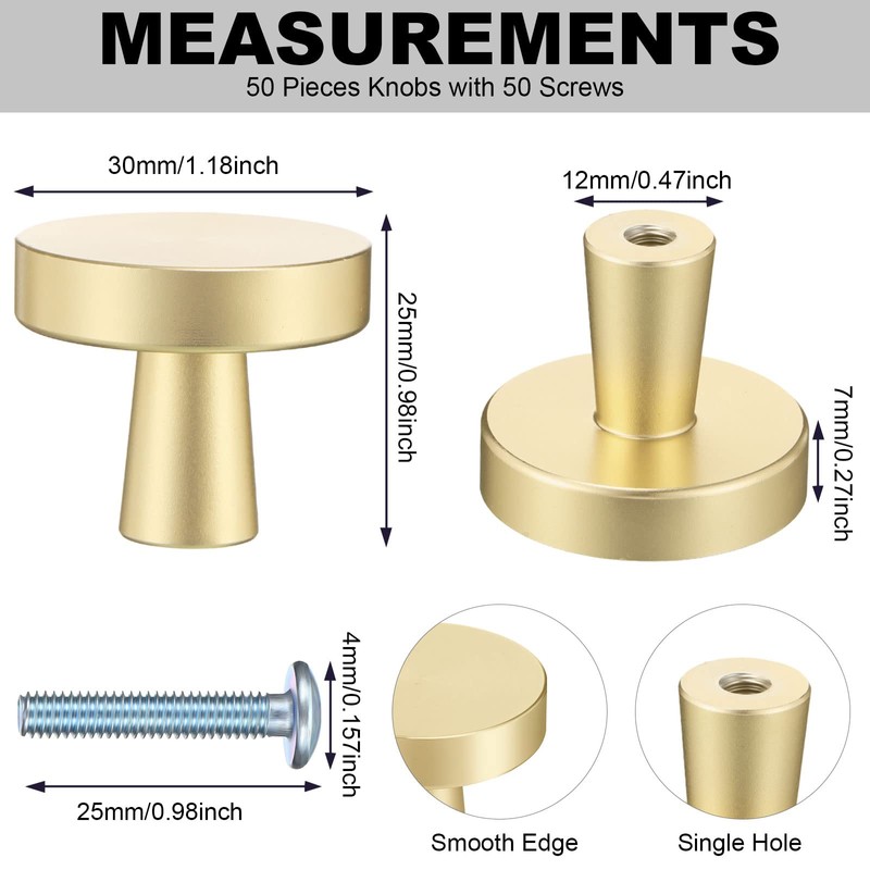 Therwen 50 Pcs Cabinet Knobs Brushed Brass Cabinet Knobs Round