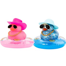 wonuu 2Pcs Car Dashboard Decorations Color Ducks, Rubber Duck for Car Ornament Accessories with Mini Hat Sunglasses Necklace and Swim Ring, A_Pink&Blue Duck+Pink Cowboy&Blue Sun Hat