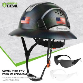 GREEN DEVIL Full Brim Hard Hat Vented Construction Safety Helmet OSHA Approved Cascos De Construccion ABS Work Hardhat for Men&Women 6 Point Adjustable Ratchet Suspension Custom Pattern Design