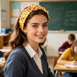 Totelux Back to School Headband for Teacher knot Pearl Hair Band Yellow