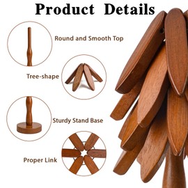 4 Wooden Hot Food Coasters with 1 Stand, Table Insulation Mat for Pans Pots Bowl Cups Heat Resistant Pads for Kitchen Table, Easily Stored Like a Christmas Tree