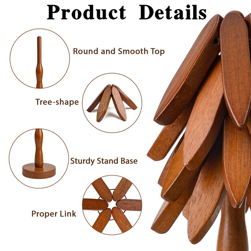 4 Wooden Hot Food Coasters with 1 Stand, Table Insulation