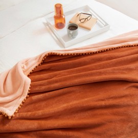 MONDAY MOOSE Cozy Fleece Throw Blanket with Pom Pom Fringe, Super Soft Lightweight Blanket, Double-Sided Designs, for Couch Bed Sofa Home Decor (50x60 inch, Burnt Orange/Light Orange)