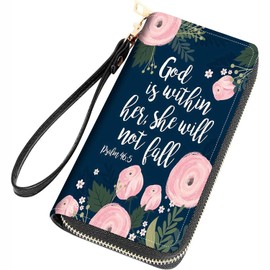 FQTBCEARI Floral Quote Bible Verses Psalm 46:5 Print Women Large Capacity Wallet PU Leather Zipper Clutch Purse for Smart Phone/Card/Coin/Cash