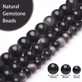 Chicager Natural Stone Beads for Jewelry Making,8mm Obsidian Polished Smooth Round Gemstone Beads for Bracelet Necklace 15 Inch