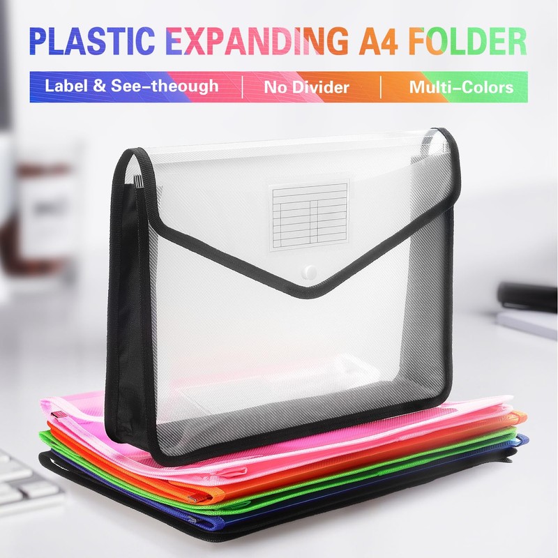 Plastic Expanding File Folder, Transparent envelopes with Snap Closure, No