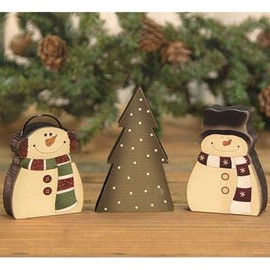Hearthside Snowmen & Christmas Tree Wood Blocks Set of 3 Country Christmas Prim Winter Decor Distressed