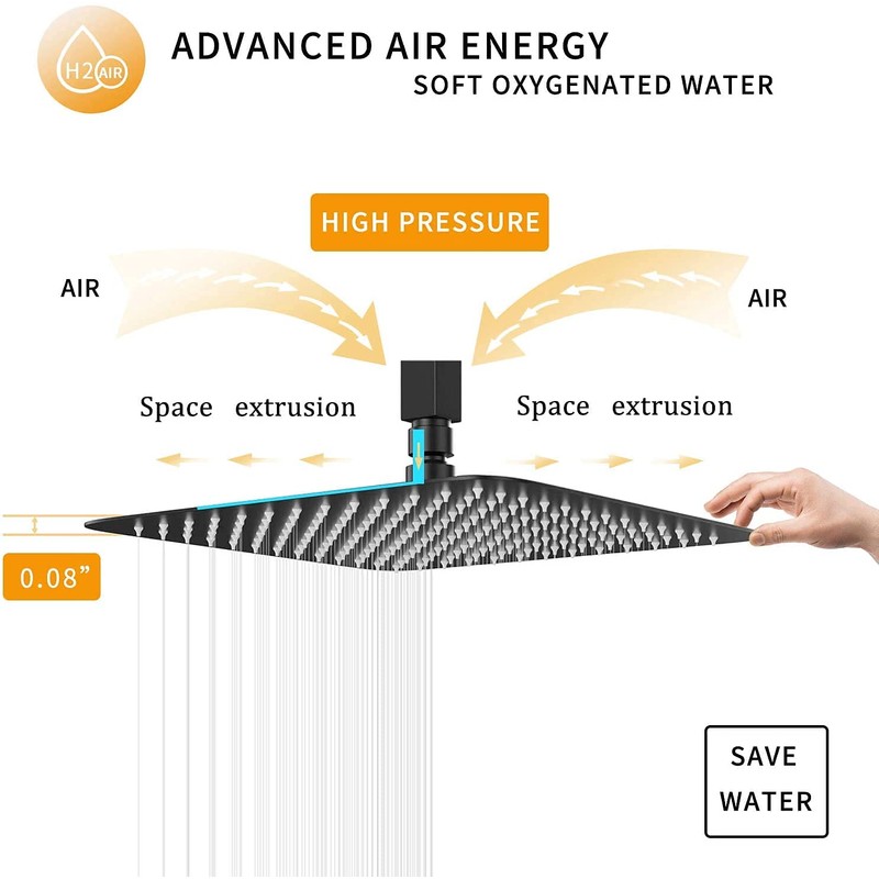 Rain Shower Head Black with Extension Arm 12 Inch Square