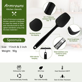 Armrouns Silicone Spatula Spoon, 11.2" Heat Resistan Rubber Spoonula, Black Non-Stick Spootula with Seamless, Flexible Scrapers for Baking Mixing Serving, Stirring. (Large 11.2)