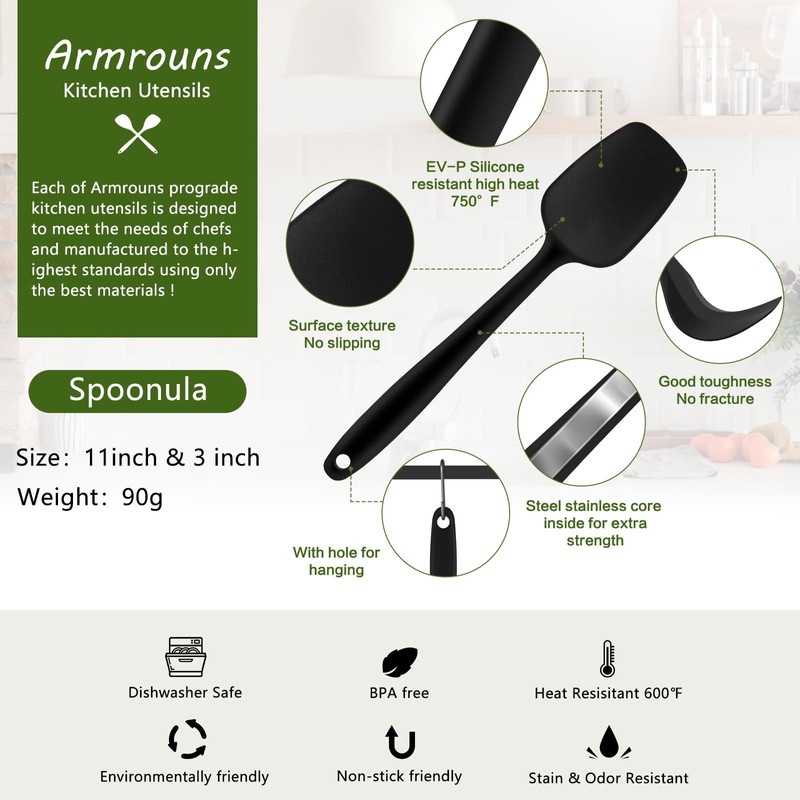 Armrouns Silicone Spatula Spoon, 11.2" Heat Resistan Rubber Spoonula, Black