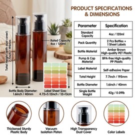 2 Pack 120ml/4oz Amber Vacuum Lotion Pump Bottles, Travel Size Refillable Airless Cosmetic Dispensers, Leak Proof Plastic Containers with Color Labels for Skincare Cream Sunscreen Shampoo