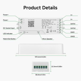 BTF-LIGHTING 2.4G WiFi SPI RGBW LED Controller DR04W Support RF Remote Control Tuya APP/Smart Life Control Alexa/Google Home Voice Control for SMD FCOB SK6812 WS2814 etc RGBW LED Strips