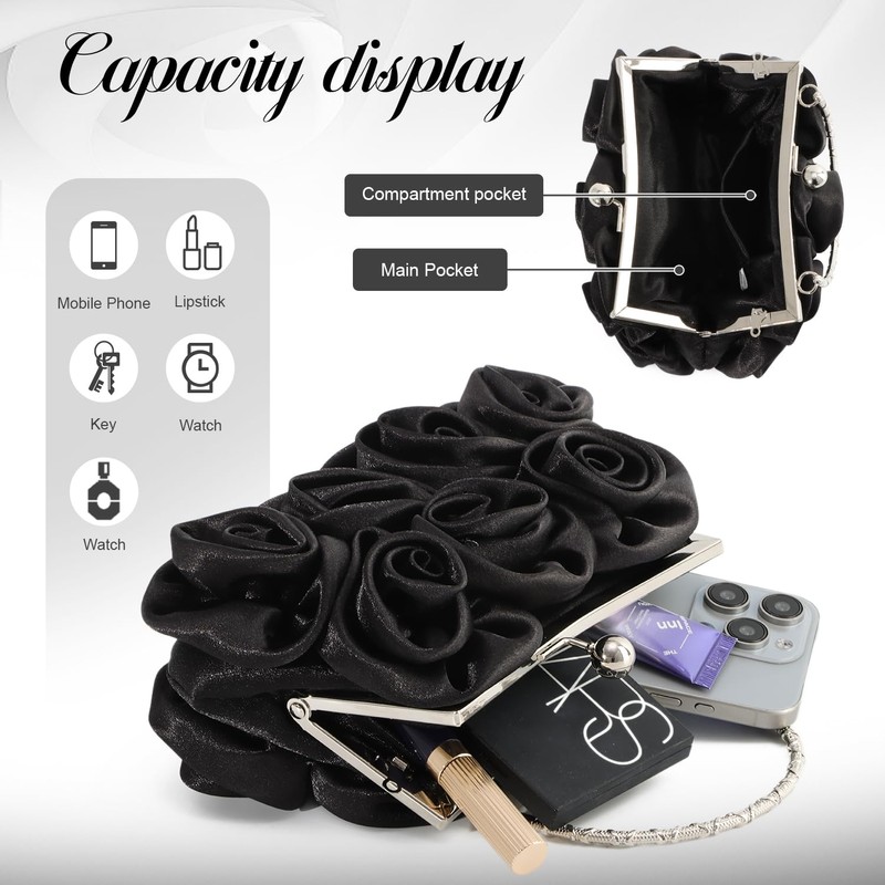 EVEOUT Elegant Satin Flower Evening Handbag with Chain for Women
