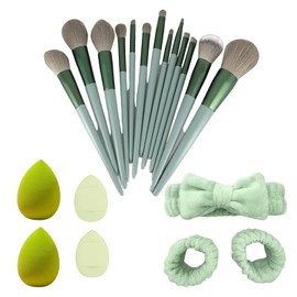 Makeup Brushes, Makeup Set, 20 pcs Travel Kit with 13 Brushes, 2 Beauty Sponges, 2 Finger Puffs, Headband & Wristbands (Green) - Essential for Daily Application