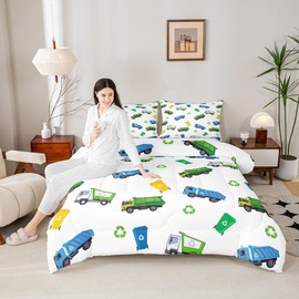 Garbage Truck Comforter Set Kids Twin Size Cartoon Car Bedding Set for Boys Teens Girls Room Decor Child Soft White Green Blue Quilt Set Waste Management Recycling Vehicles Duvet Insert 2Pcs