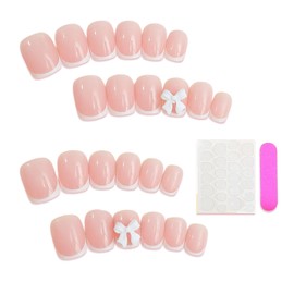 24Pcs French Tip False Nails, Square Nails with Glue, Press on Nails Short, Stick on Nails French Tip, Fake Nails with Bow, White French Nail Tips for Women Girls Nails Art