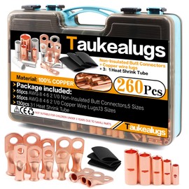 260Pcs AWG8 4 6 2 1/0 Gauge Battery Ring Terminals and Non-Insulated Butt Connectors kit,65Pcs Uninsulated Crimp Ferrule lugs,65pcs Copper Cable lugs with 130pcs 3:1 Heat Shrink Tube in Two-Side Box