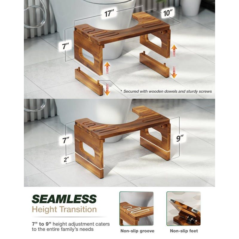 BLUEWEST Foldable Toilet Stool, 7'' and 9'' Adjustable Heights Acacia