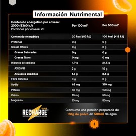 Be Better RECHARGE PLUS, Electrolitos Con 25g De Carbohidratos y 50mg Cafena En Polvo 20 Porciones, Sabor Mandarina, 560 g                            