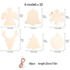 Christmas Hanging Decoration 60 PCS 6 Styles Wooden Christmas Hanging Shaped Pendants Bauble Deer Snowflake for DIY Wood Crafts Christmas Decoration, Christmas Tree Ornaments with Strings