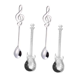 QLEUIFT Set of 4 Guitar Coffee Spoons, Guitar Coffee Spoons and Musical Note Coffee Spoons, Musicians Gifts, Stainless Steel, Funny Music Decoration Gift Teaspoon, for Tea, Milk, Coffee, Dessert,