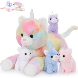 MorisMos Mummy Unicorn Cat Teddy with Kittens inside Toys, Rainbow Caticorn Kitty Plush Soft Cuddly Animal Toy, Kawaii Birthday Presents for Girls Kids Children Party Decorations (60cm)