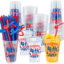 100Pcs 16oz 4th of July Plastic Cups with 100Pcs Red Blue Straws, Patriotic Disposable Plastic Cups Red White Blue Drinkng Cups for 4th of July Decorations Patriotic Party Supplies Independence Day