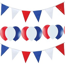 10m/33ft Red White and Blue Bunting Garland Union Jack Banner and 25pcs Latex Balloons Party Pack Decorations Sporting Events Pub Bbq Royal Theme French USA