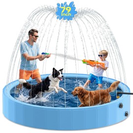 Pechfun 79'' Dog Pool with Sprinkler, Foldable Dog Pools for Large Dogs, 2-in-1 Non-Slip Swimming Pool for Dogs & Kids, Heavy Duty Hard Plastic Pet Bathing Tub for Outdoor Backyard, Blue