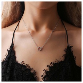 Inilbran Boho Rhinestone Circle Pendant Necklace Silver Hollow Circle Necklace Sparkly Cz Circle Collar Chain Necklace Minimalist Karma Choker Necklace Jewelry for Women and Girls