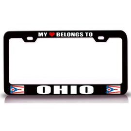 Customola - My Heart Belongs to Ohio State Flag Steel Metal License Plate Frame Bl