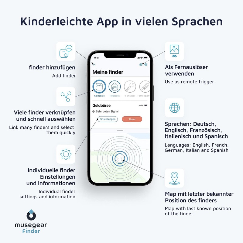 musegear Schlüsselfinder Mini mit Bluetooth App I Keyfinder laut für
