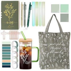 Singhoow 29 Pcs Bible Study Supplies, Bible Journaling Kit for Women, Glass Cup Canvas Bag Notebook Highlighters Pens Sticky Notes Tapes Paper Clips Index Sticker for Mother's Day Teacher Wife