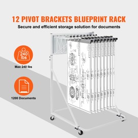 Happybuy Mobile Blueprint Storage Rack, Plan Holder with 12 Pivot Brackets, Mobile Blueprint Holder Adjustable Height & Length, Poster Display Rack for Office and Home (Rack Only Without Clamps)