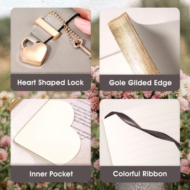 CAGIE Diary with Lock for Girls Heart Shaped Lock Diary with Key 290 Gold Edged Pages Journal for Women Personal Organizers Secret Notebook with Pen B6 Size 5.3x7 inch, Grey