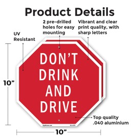 Don't Drink and Drive (2 Pack) 10 inch X 10 inch Octagon Rust Free Aluminum Metal Signs Weather Resistant, UV Protected for Workplace, Private Property, and Construction Site, Made in the USA