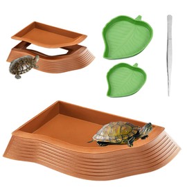 4 Pcs Turtle Water Trays with Ramp,Leaf Tortoise Food Water Bowl with Tweezers,Reptile Turtle Habitat,Tortoise Bath Bowl,Turtles Habitat Accessories,Waters Dish for Reptile Tank,for Indoor Aquariums