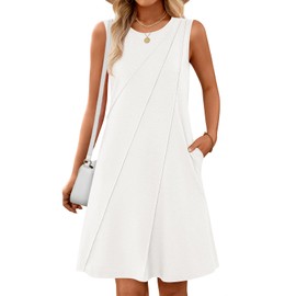 MEROKEETY Women's 2025 Summer Sleeveless Sundress Casual Beach Vacation Crewneck Tank Mini Dress, White, Medium
