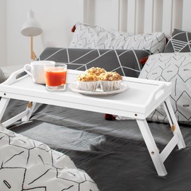 Mayyol Breakfast Bed Tray for Eating - Height Adjustable Raised Food Table - Bamboo Serving Tray on Lap Sofa - Portable Snack Platter with Folding Legs Ideal for Bedroom, Picnic - White