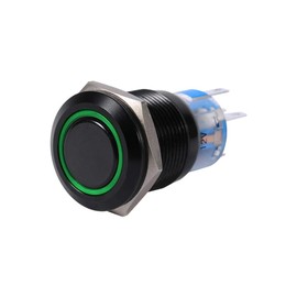 LED Button Switch, 19mm 12V LED ON/OFF Black Waterproof Self-locking Latch Push Button Flate hidden Switch actuator(Green LED)