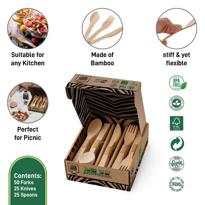 2ZEBRAZ Bamboo Cutlery Set – 100 Disposable Utensils (50 Forks,