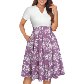 YATHON 2024 Party Dresses for Women Elegant Summer Fall Flower Print Short Sleeves Knee Length Casual Work Dress with Pockets(YT228-Powder Purple P1,S)