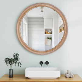 ROCKRAIN 27.5 Inch Round Wall Mirror: Farmhouse Style with Distressed Wooden Frame & Metal Edge - Crystal Clear Reflection for Bathroom Bedroom & Living Room - Easy Installation Home & Office Decor