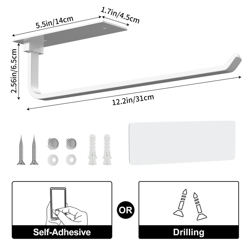 Paper Towel Holder - Self-Adhesive or Drilling, White, Upgraded Aluminum
