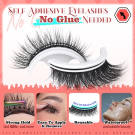 Zegaine Self Adhesive Eyelashes Natural Look Wispy Self Adhesive Lashes Cat Eye Pre Glued Lashes D-Curly Glueless Lashes No Glue Needed Wispy False Eyelashes 5 Pairs