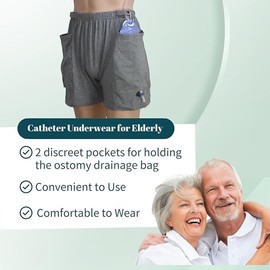 Lmaray Ostomy Drainage Bag Shorts for Men and Women, Urine Bag Pants with Two Discreet Pockets for Catheter, Washable Incontinence Care Trousers(1 Pair - 2XL) Grey