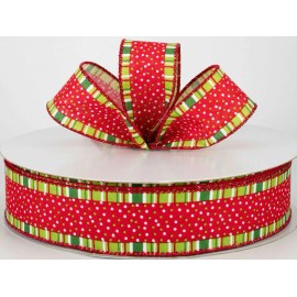 1.5" wired ribbon 5 yds Christmas stripes dots red green whimsical bows wreath