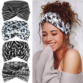 Tumurup Wide Headbands for Women's Hair, 4 Pcs Hair bands – Vintage Turban Elastic Head Bands Adult Women Soft Head Wraps Knotted for Yoga & Workout – Summer Fashion Hair Accessories(Leopard)