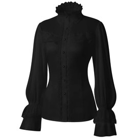Women's Retro Victorian Lotus Lace Stand Collar Long Sleeve Shirts Black